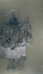 Balletttänzer und Carlos Gomes - Karikatur für den Transfer des Hauptvorhangs des Stadttheaters von Rio de Janeiro